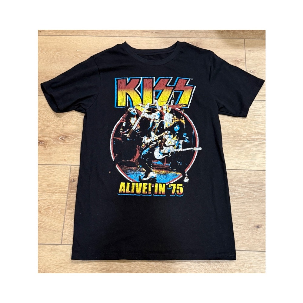 NWOT KISS In 75 Graphic Tee Black Short Sleeve Rock Band T-Shirt Womens Small